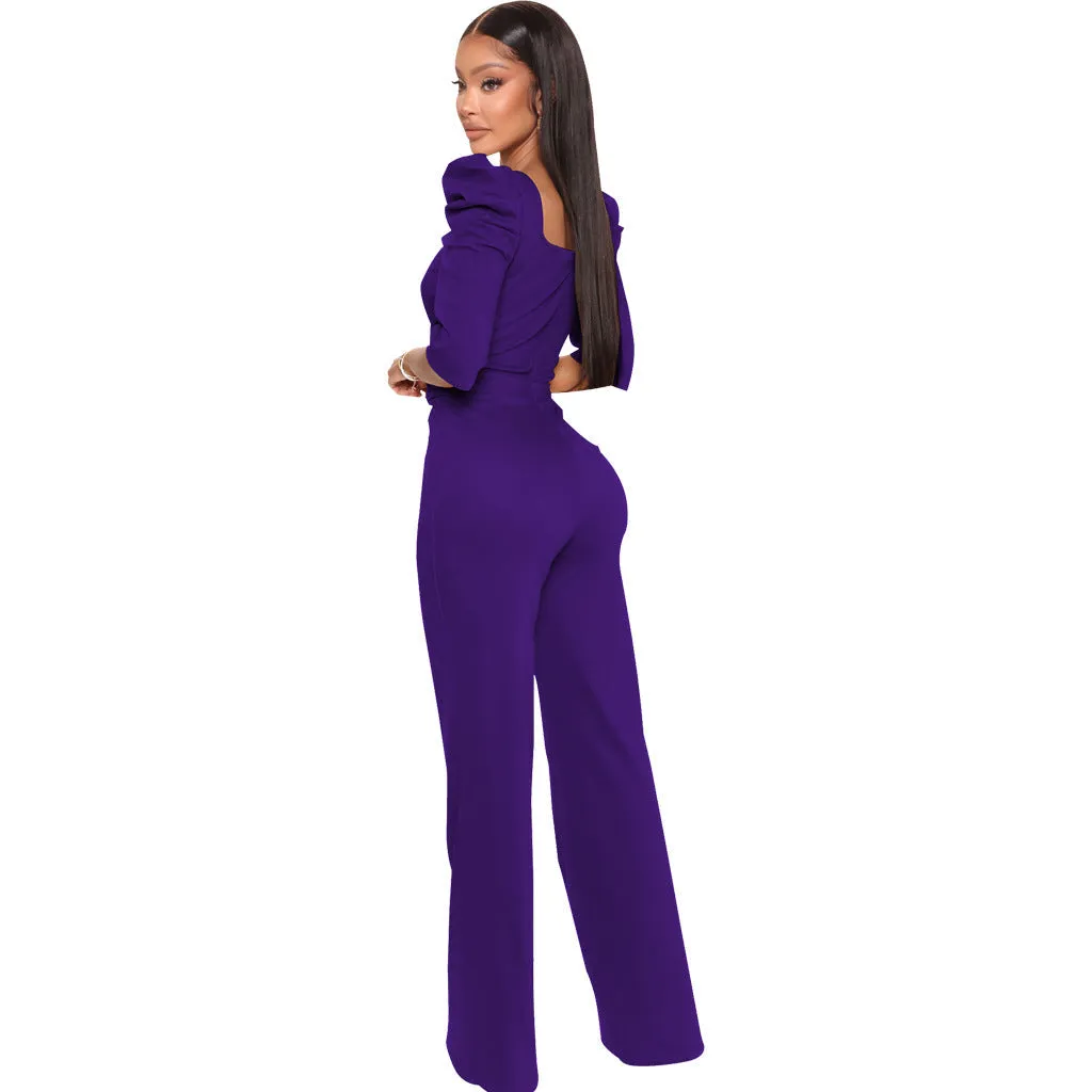 Chic Allure V-Neck Jumpsuit with Flattering Three-Quarter Sleeves