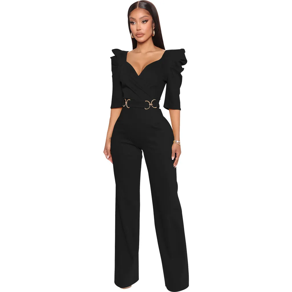 Chic Allure V-Neck Jumpsuit with Flattering Three-Quarter Sleeves