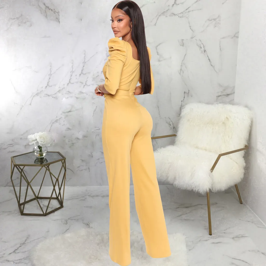 Chic Allure V-Neck Jumpsuit with Flattering Three-Quarter Sleeves
