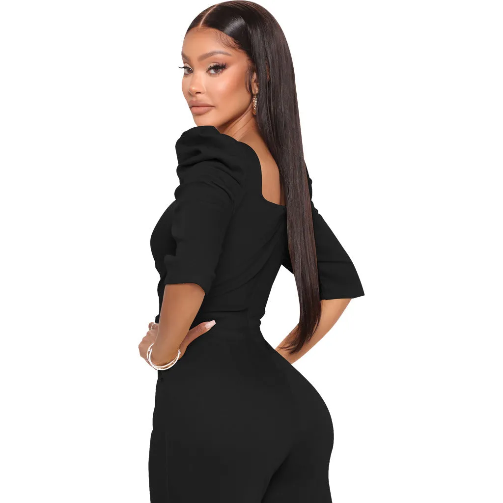 Chic Allure V-Neck Jumpsuit with Flattering Three-Quarter Sleeves