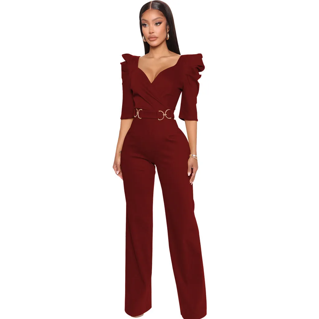 Chic Allure V-Neck Jumpsuit with Flattering Three-Quarter Sleeves