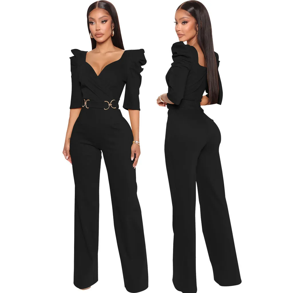 Chic Allure V-Neck Jumpsuit with Flattering Three-Quarter Sleeves