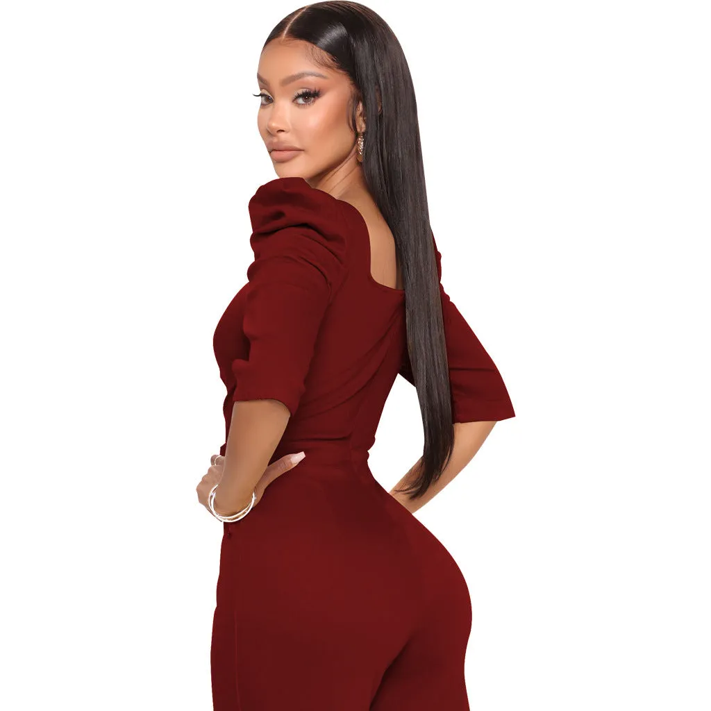 Chic Allure V-Neck Jumpsuit with Flattering Three-Quarter Sleeves