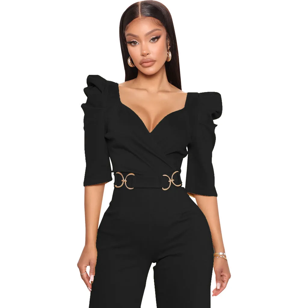 Chic Allure V-Neck Jumpsuit with Flattering Three-Quarter Sleeves