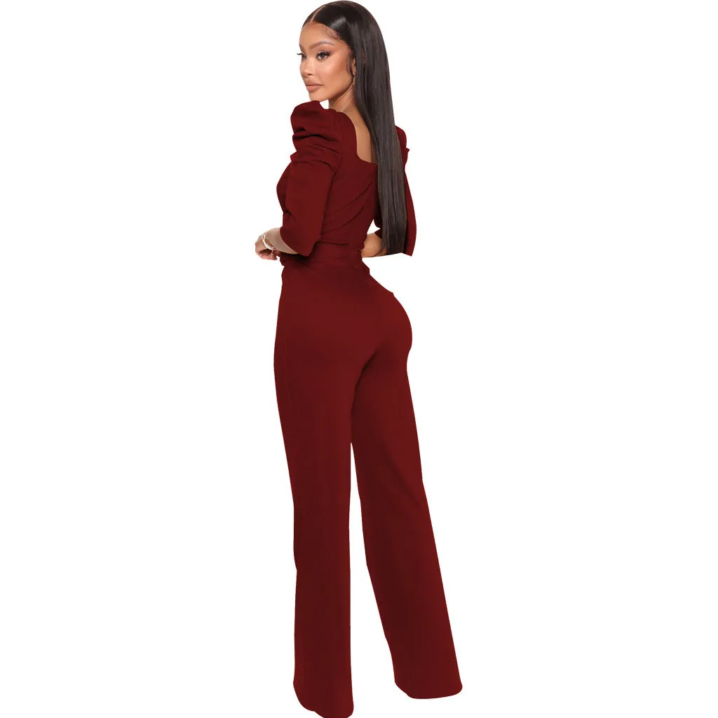 Chic Allure V-Neck Jumpsuit with Flattering Three-Quarter Sleeves