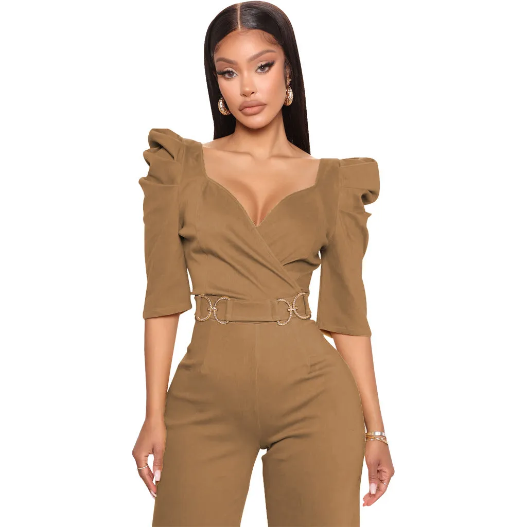 Chic Allure V-Neck Jumpsuit with Flattering Three-Quarter Sleeves