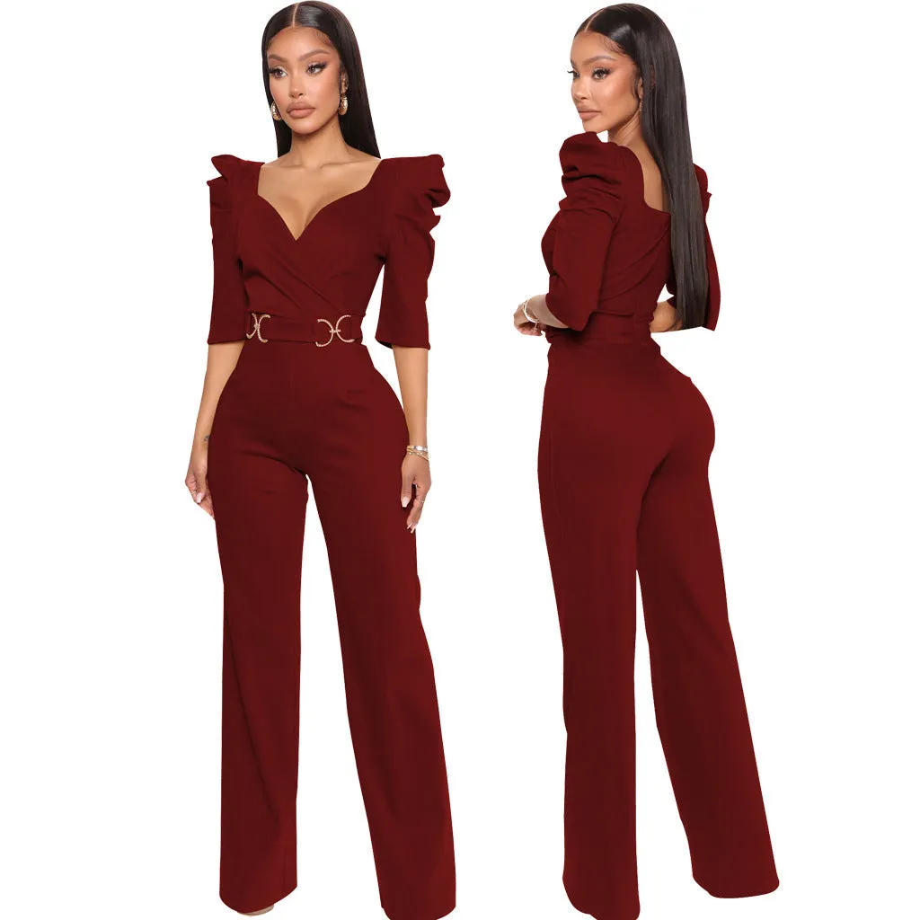 Chic Allure V-Neck Jumpsuit with Flattering Three-Quarter Sleeves