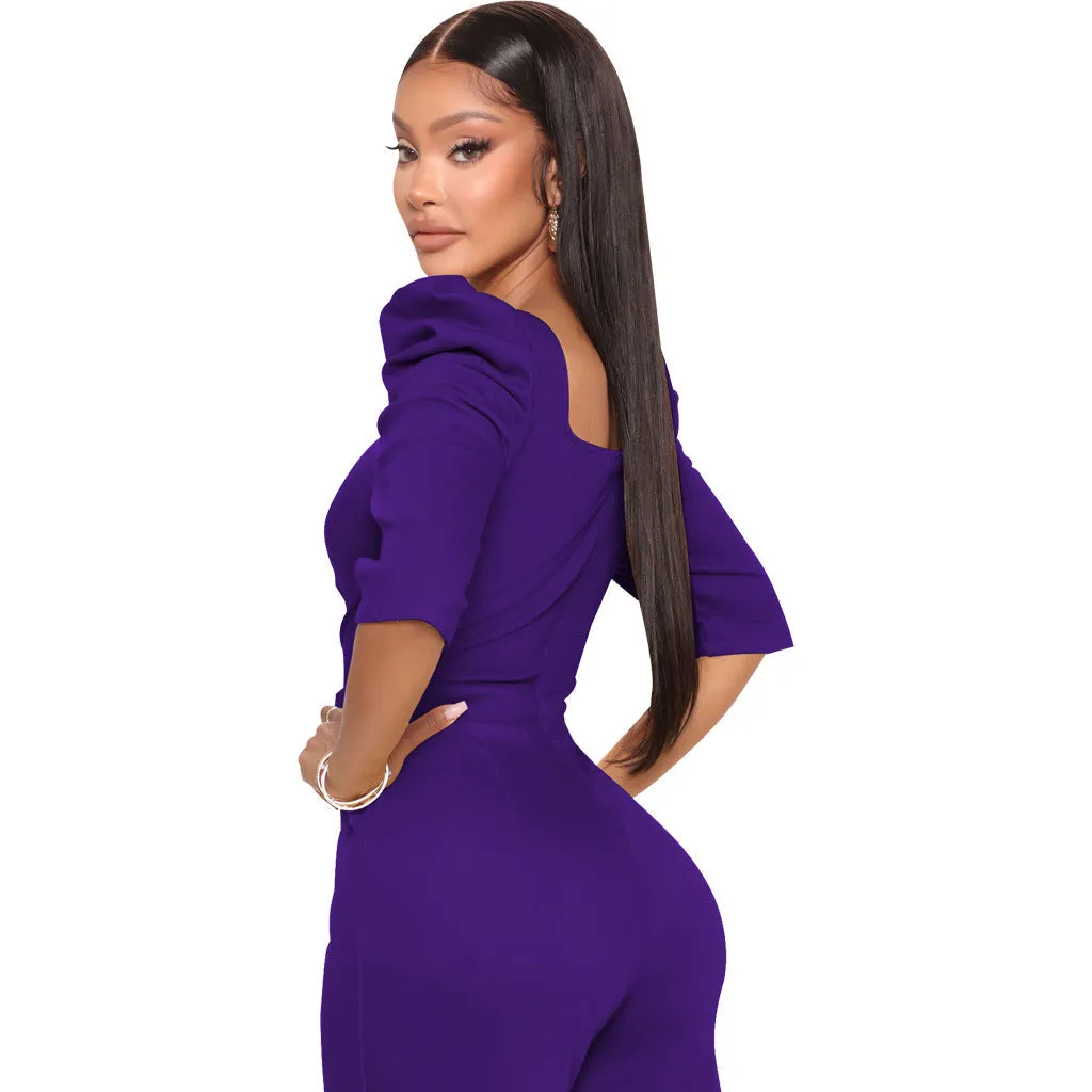 Chic Allure V-Neck Jumpsuit with Flattering Three-Quarter Sleeves