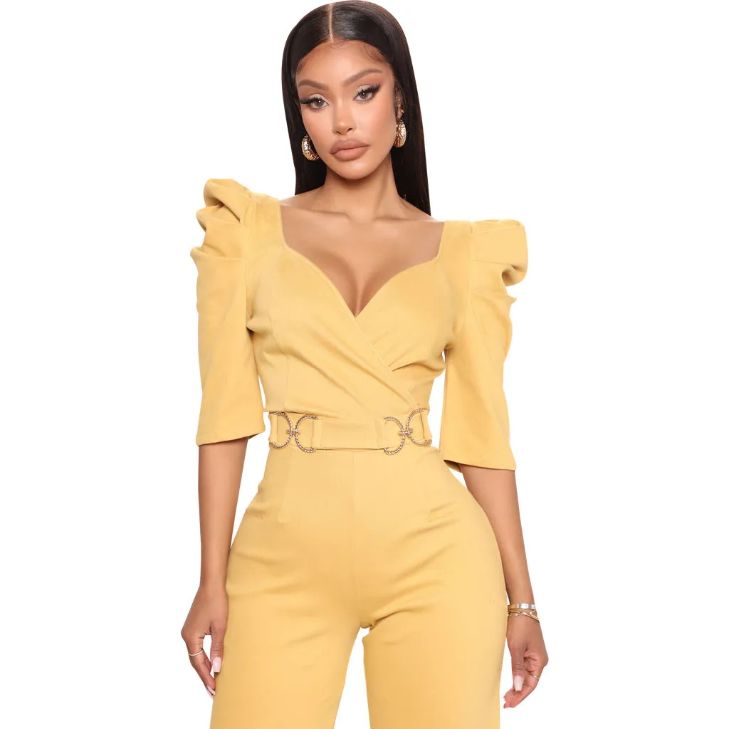 Chic Allure V-Neck Jumpsuit with Flattering Three-Quarter Sleeves