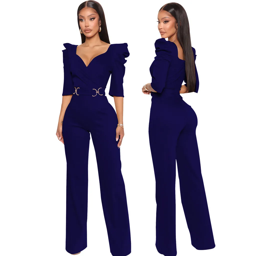 Chic Allure V-Neck Jumpsuit with Flattering Three-Quarter Sleeves