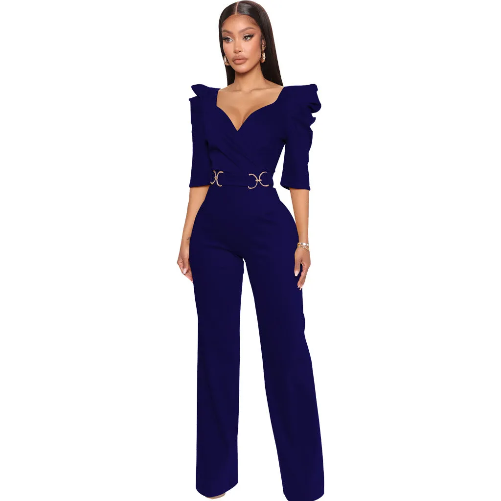 Chic Allure V-Neck Jumpsuit with Flattering Three-Quarter Sleeves