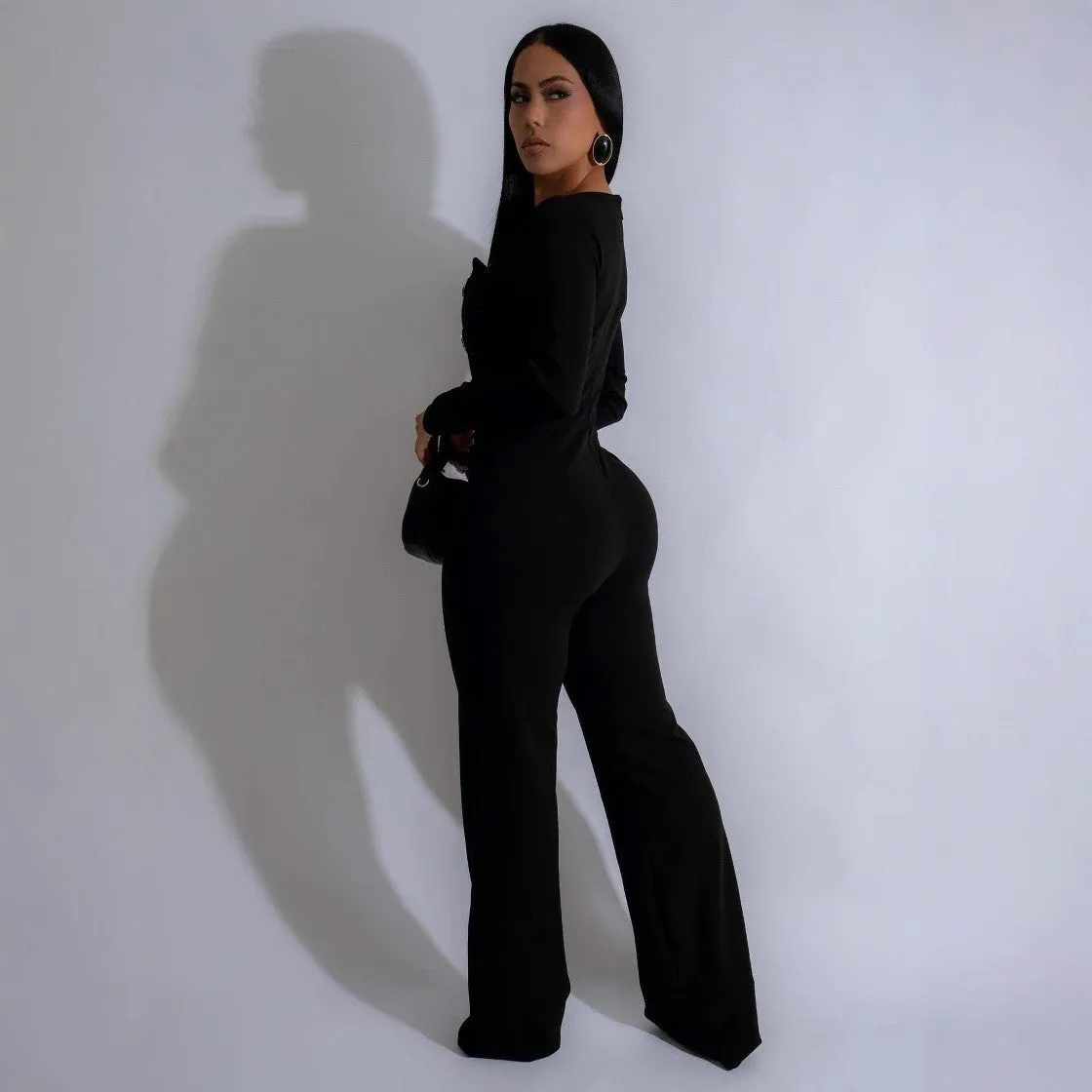 Chic Long-Sleeve Button-Front Tailored Jumpsuit with Square Neckline