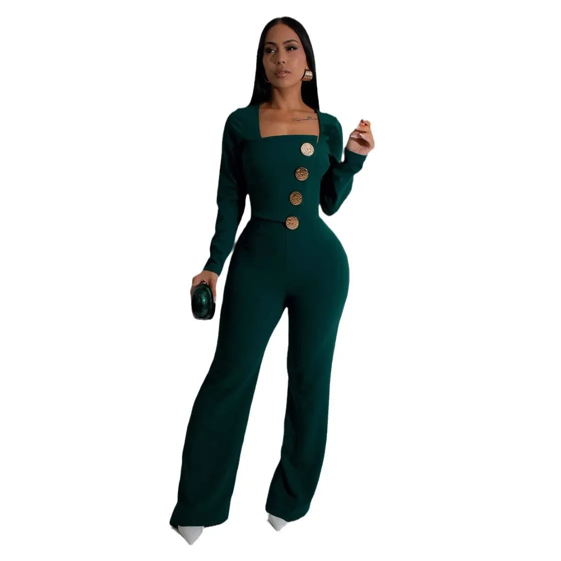 Chic Long-Sleeve Button-Front Tailored Jumpsuit with Square Neckline