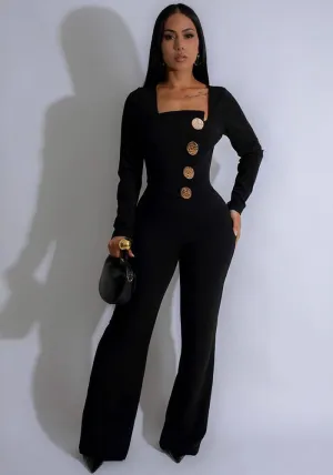 Chic Long-Sleeve Button-Front Tailored Jumpsuit with Square Neckline