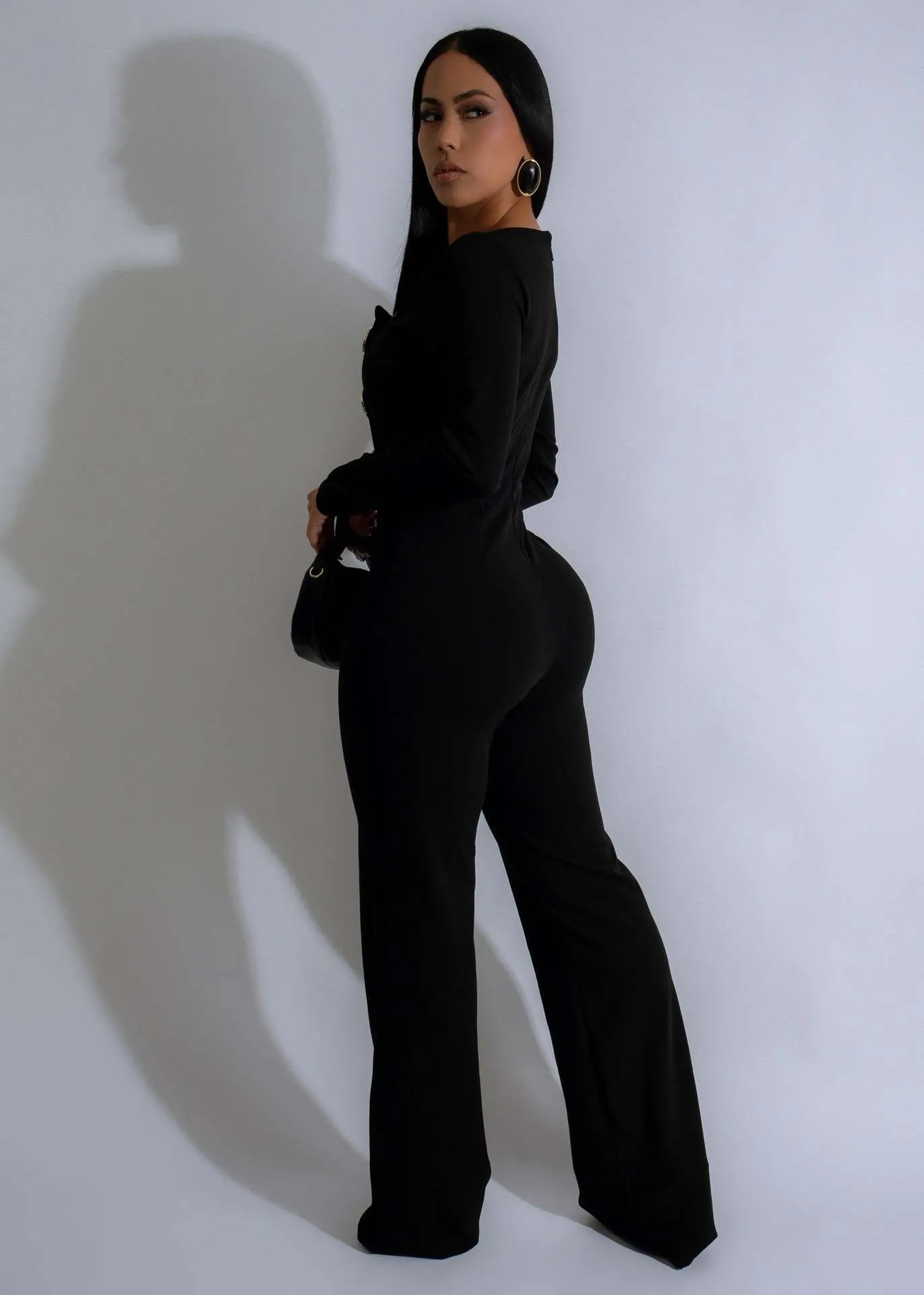 Chic Long-Sleeve Button-Front Tailored Jumpsuit with Square Neckline