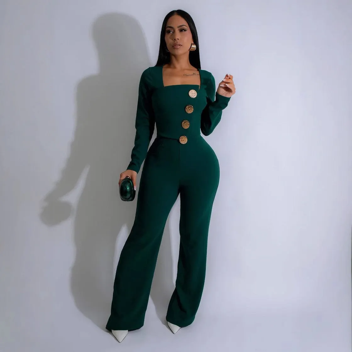 Chic Long-Sleeve Button-Front Tailored Jumpsuit with Square Neckline