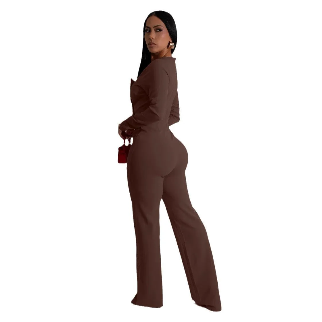 Chic Long-Sleeve Button-Front Tailored Jumpsuit with Square Neckline