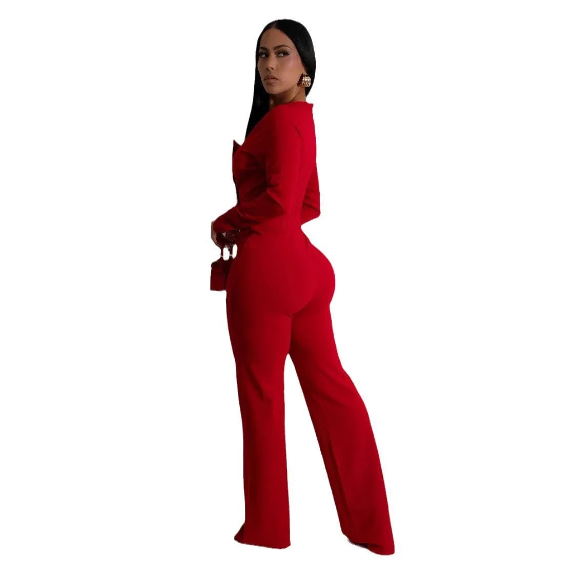 Chic Long-Sleeve Button-Front Tailored Jumpsuit with Square Neckline