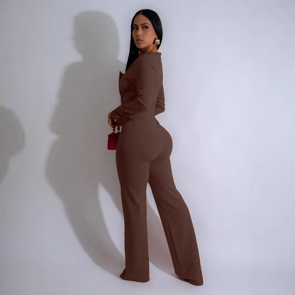 Chic Long-Sleeve Button-Front Tailored Jumpsuit with Square Neckline