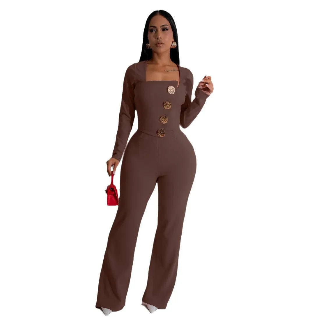 Chic Long-Sleeve Button-Front Tailored Jumpsuit with Square Neckline