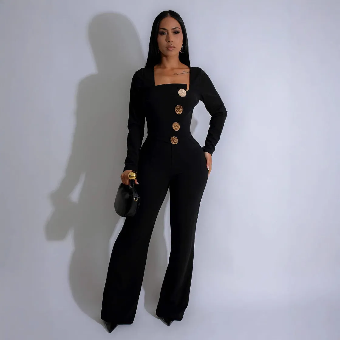 Chic Long-Sleeve Button-Front Tailored Jumpsuit with Square Neckline