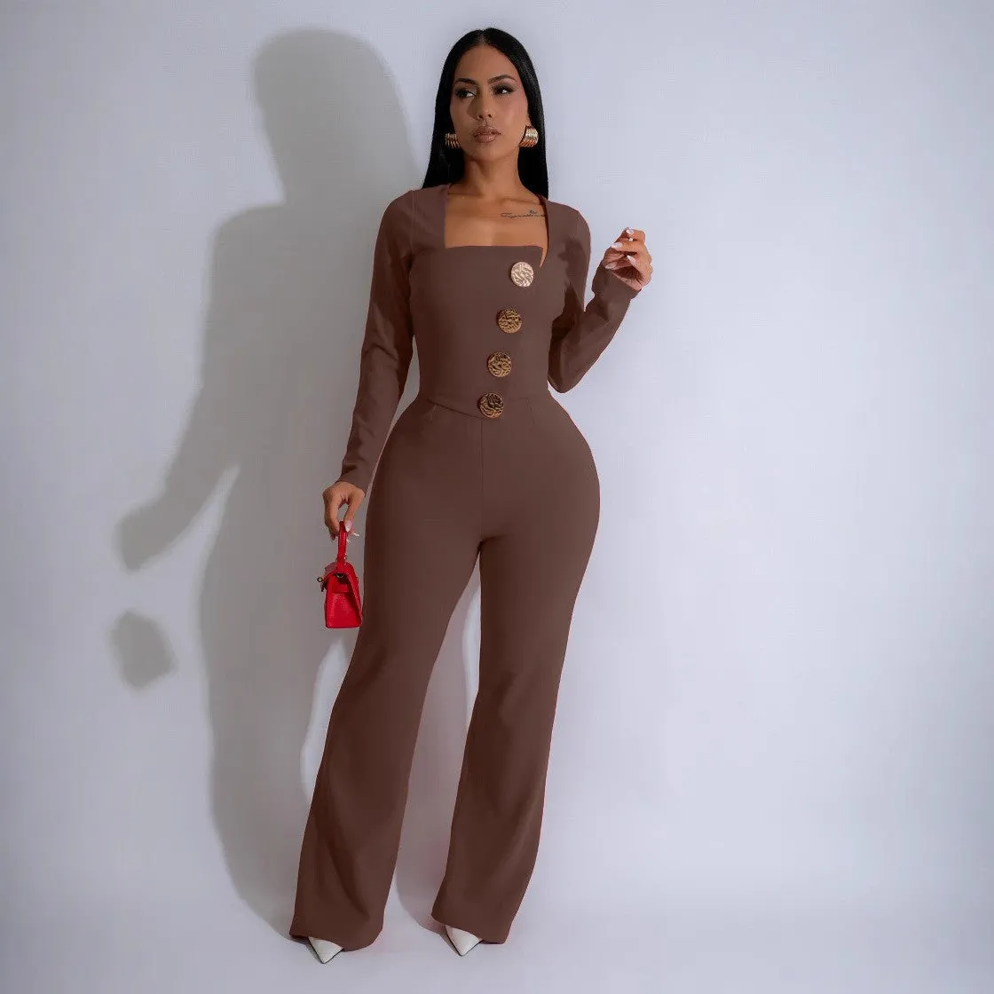 Chic Long-Sleeve Button-Front Tailored Jumpsuit with Square Neckline