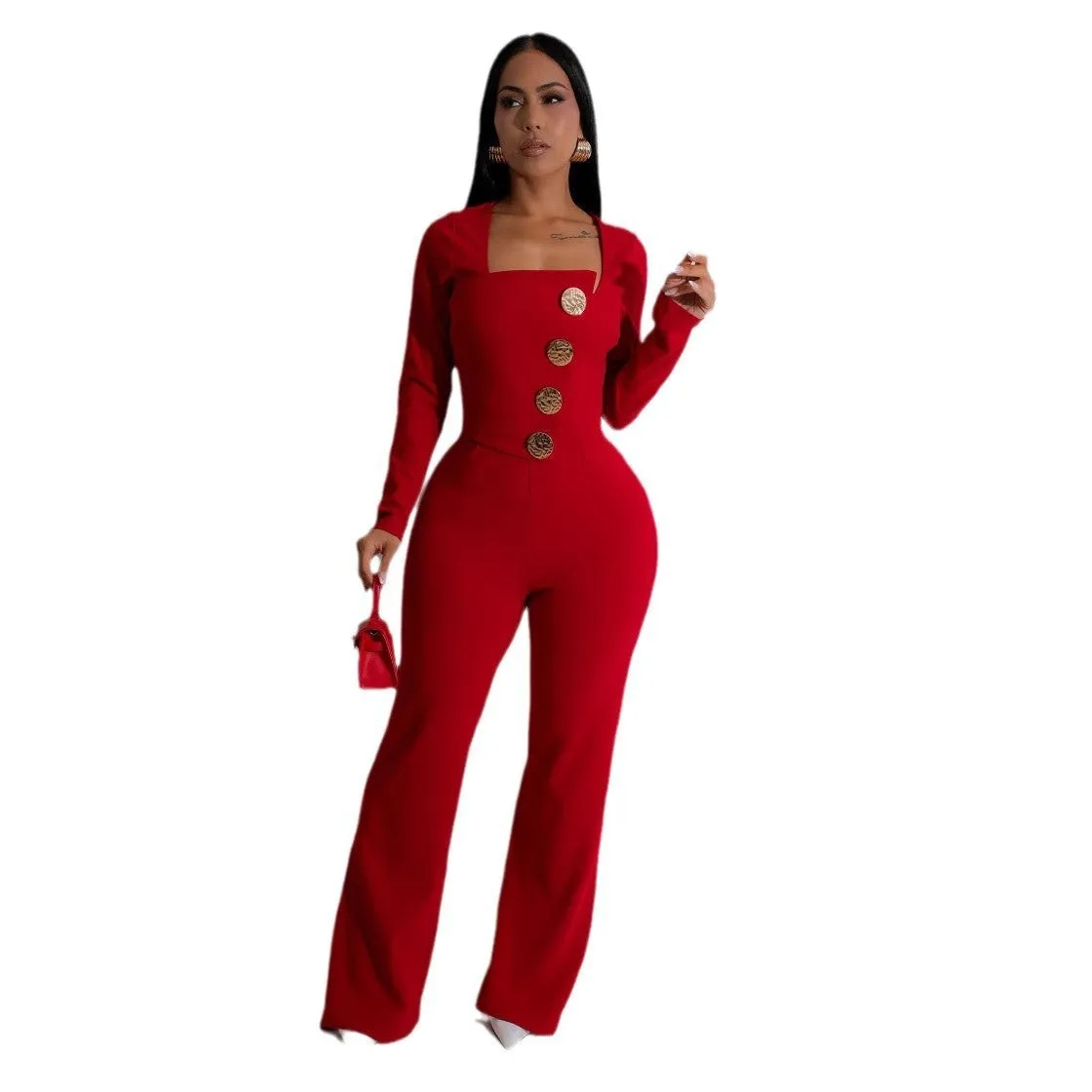 Chic Long-Sleeve Button-Front Tailored Jumpsuit with Square Neckline