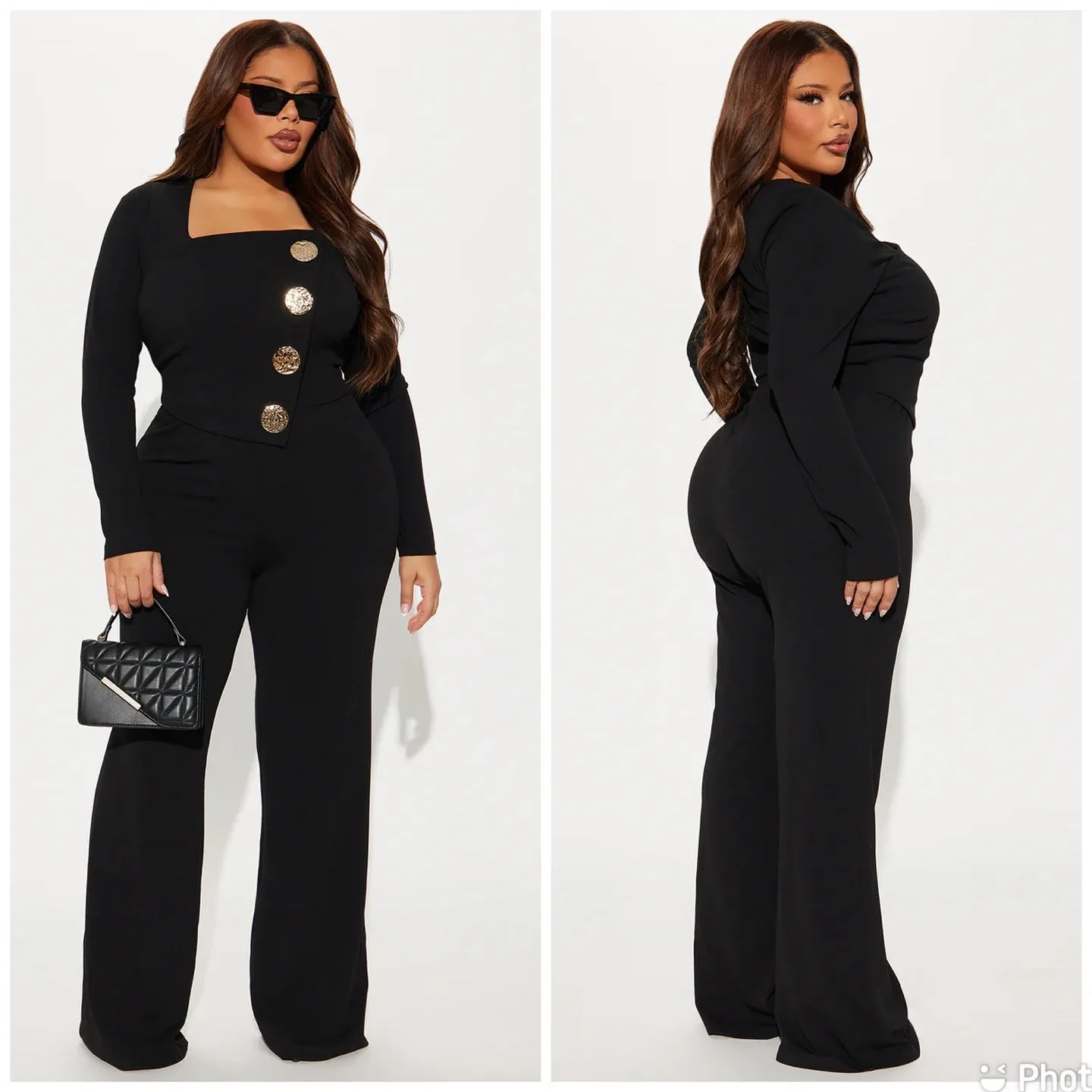 Chic Long-Sleeve Button-Front Tailored Jumpsuit with Square Neckline
