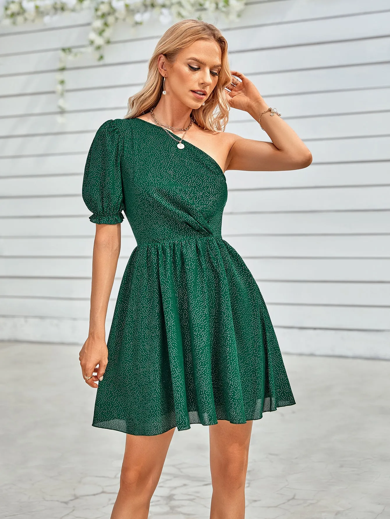 Chic One-Shoulder Puff Sleeve Fit-and-Flare Dress