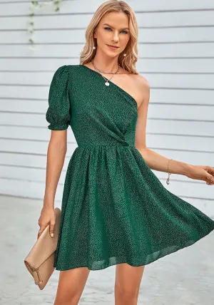 Chic One-Shoulder Puff Sleeve Fit-and-Flare Dress