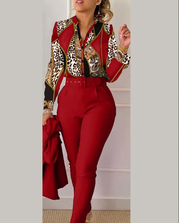 Chic Printed Shirt and High-Waist Pants Set for Effortless Spring Elegance