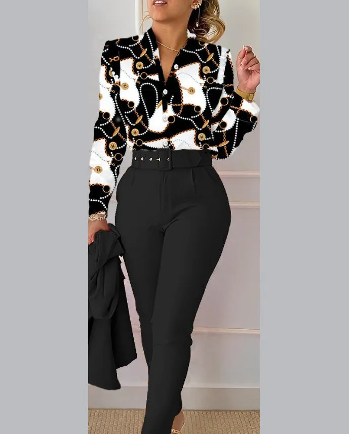 Chic Printed Shirt and High-Waist Pants Set for Effortless Spring Elegance