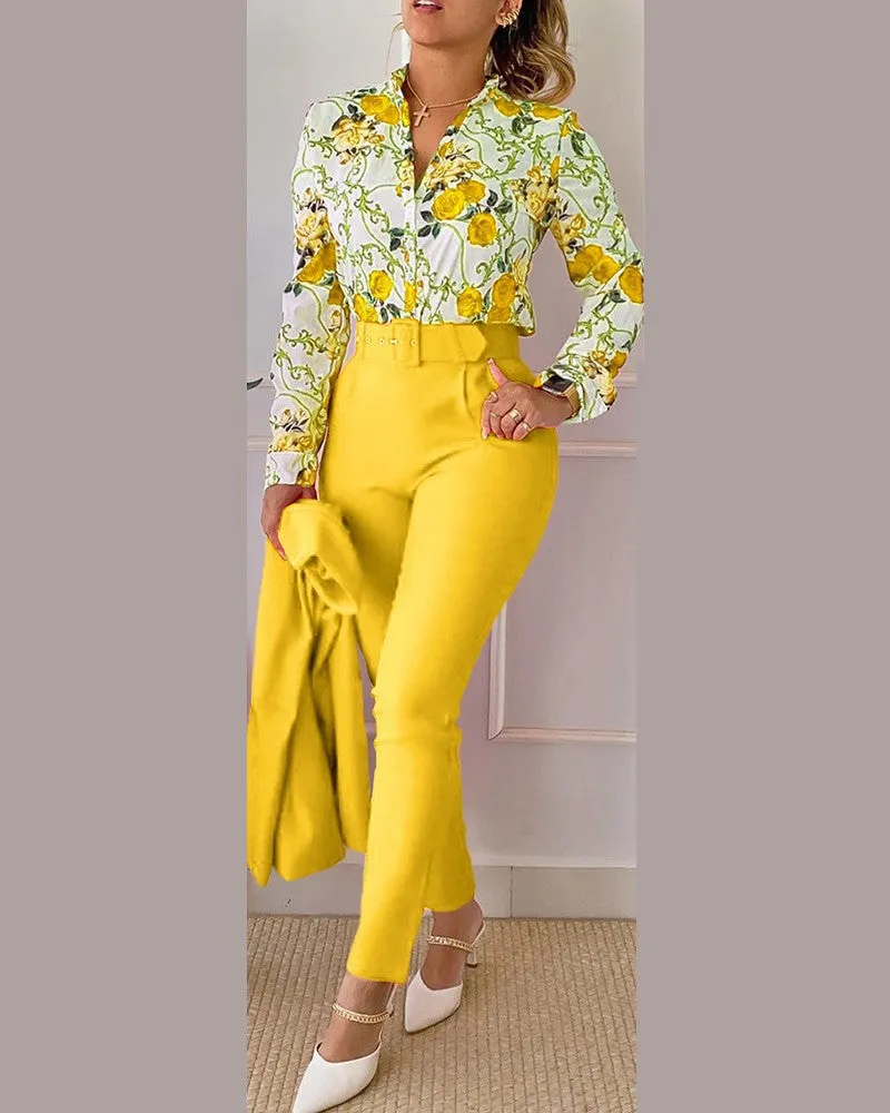 Chic Printed Shirt and High-Waist Pants Set for Effortless Spring Elegance