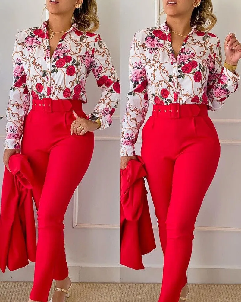 Chic Printed Shirt and High-Waist Pants Set for Effortless Spring Elegance