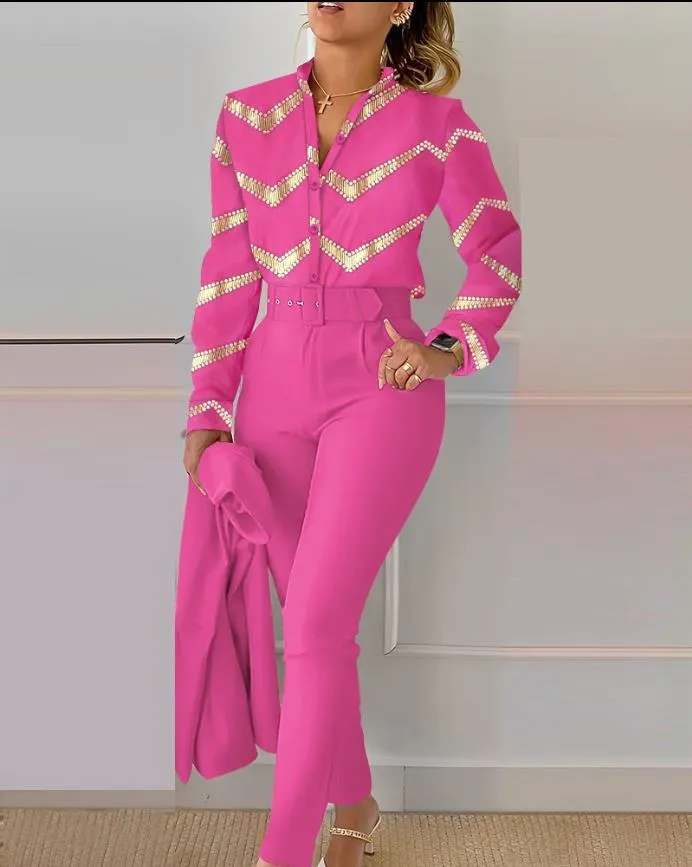Chic Printed Shirt and High-Waist Pants Set for Effortless Spring Elegance