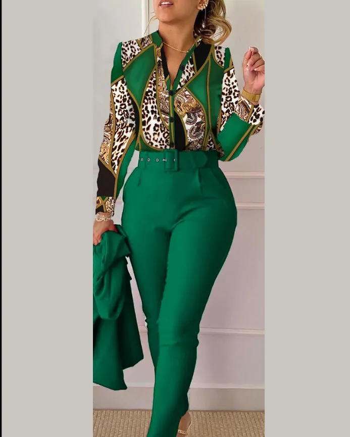 Chic Printed Shirt and High-Waist Pants Set for Effortless Spring Elegance