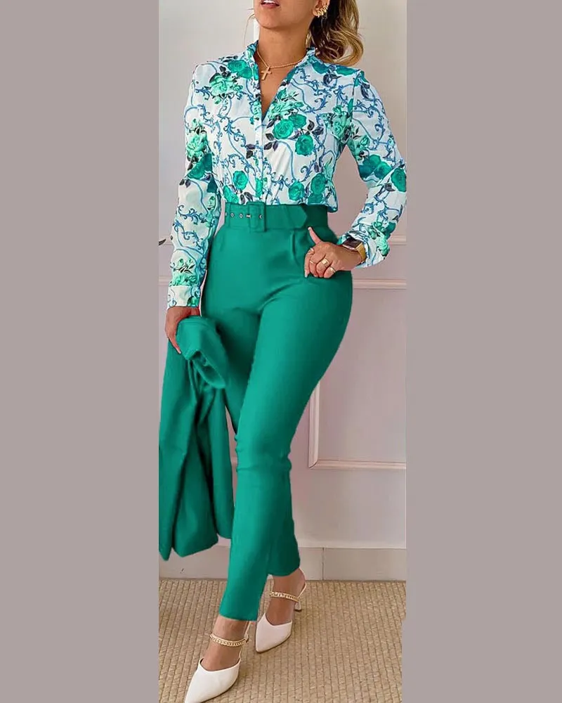 Chic Printed Shirt and High-Waist Pants Set for Effortless Spring Elegance