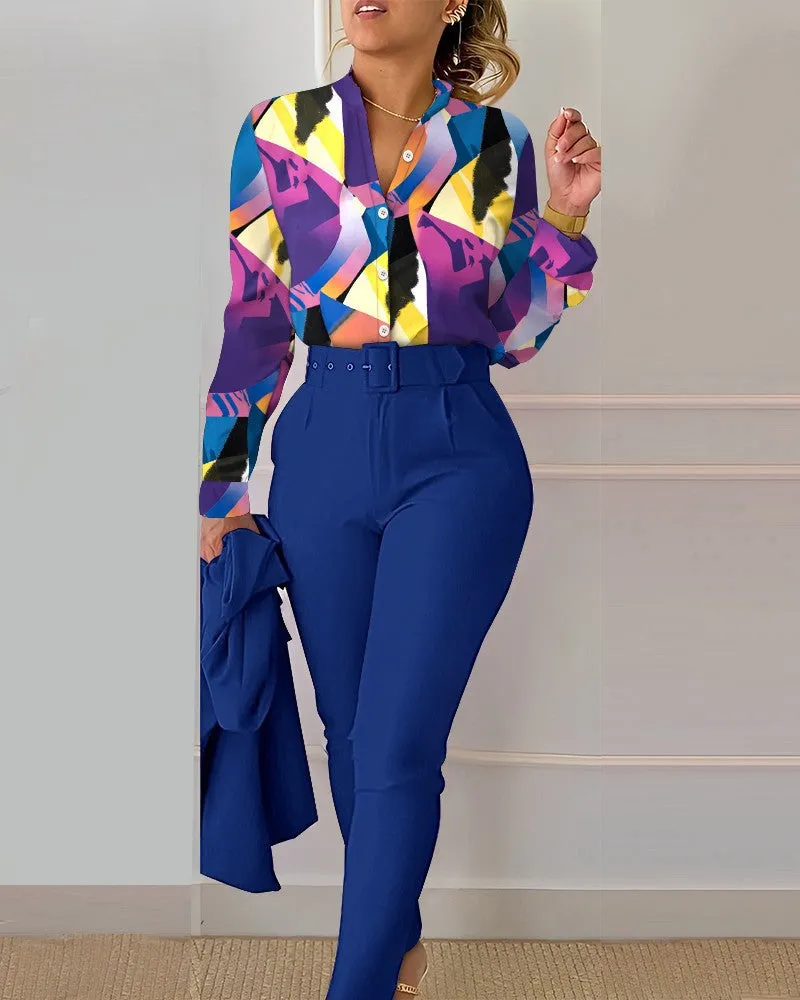 Chic Printed Shirt and High-Waist Pants Set for Effortless Spring Elegance