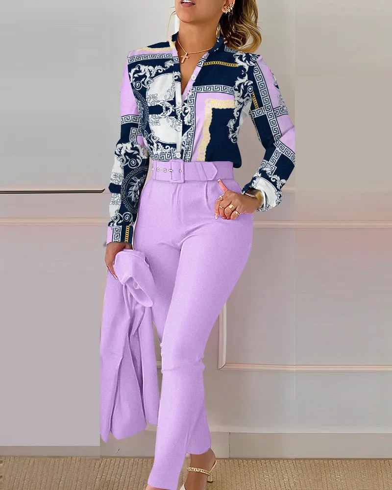 Chic Printed Shirt and High-Waist Pants Set for Effortless Spring Elegance