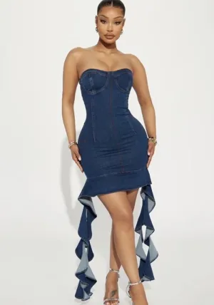 Chic Ruffled Ribbon Denim Bodycon Dress