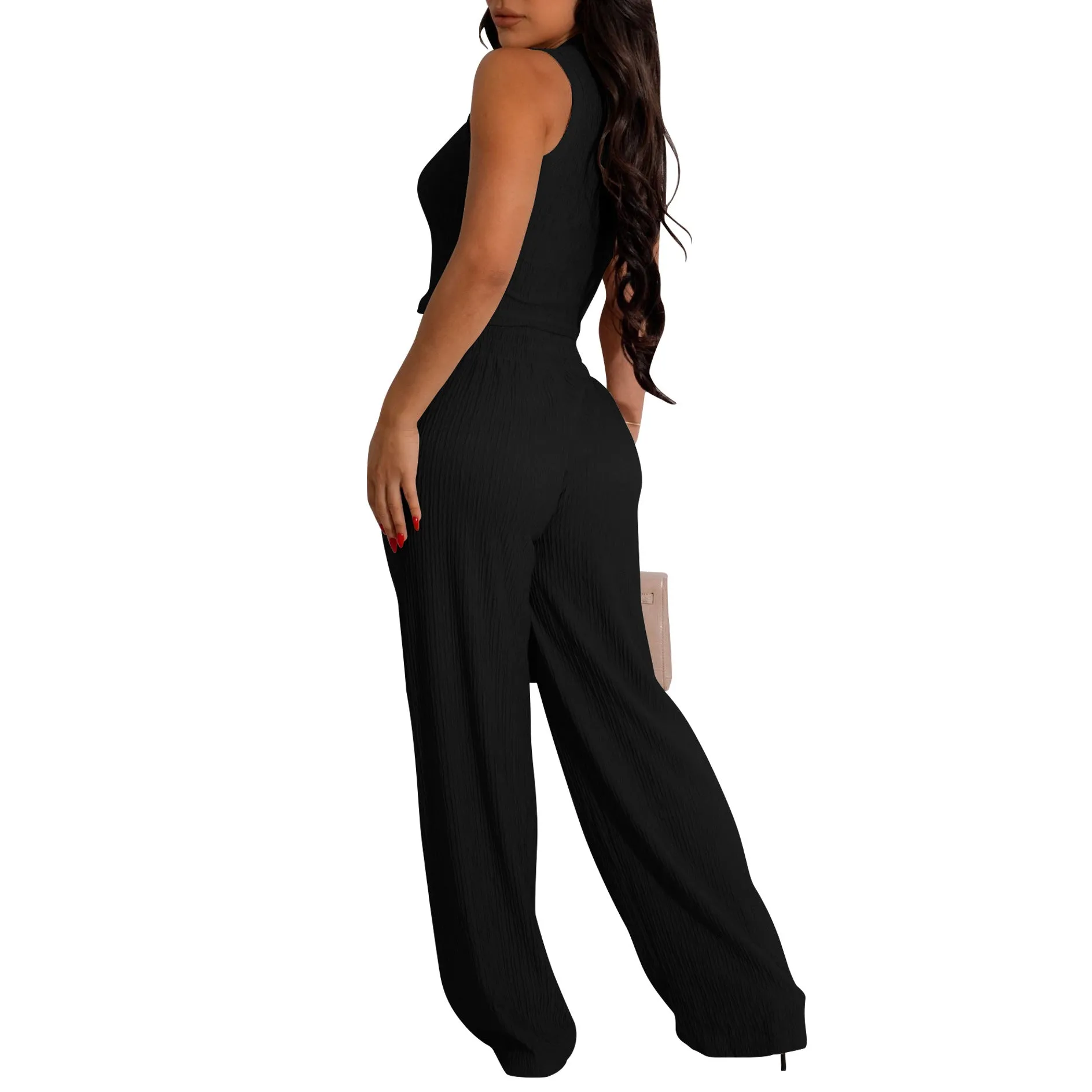Chic Sleeveless Cropped Vest and Pleated Wide-Leg Pants Set