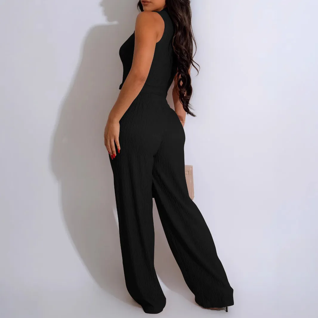 Chic Sleeveless Cropped Vest and Pleated Wide-Leg Pants Set