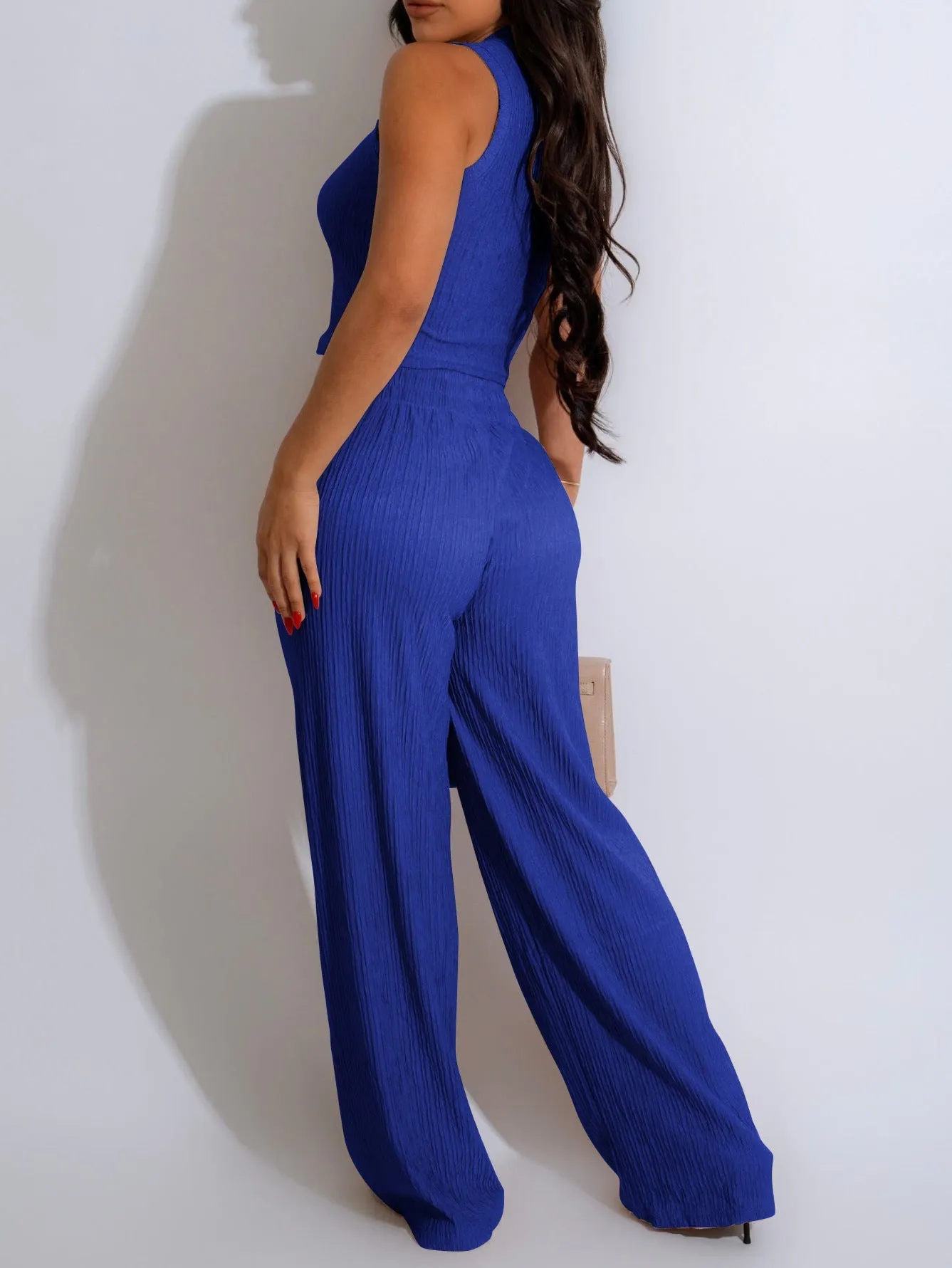 Chic Sleeveless Cropped Vest and Pleated Wide-Leg Pants Set