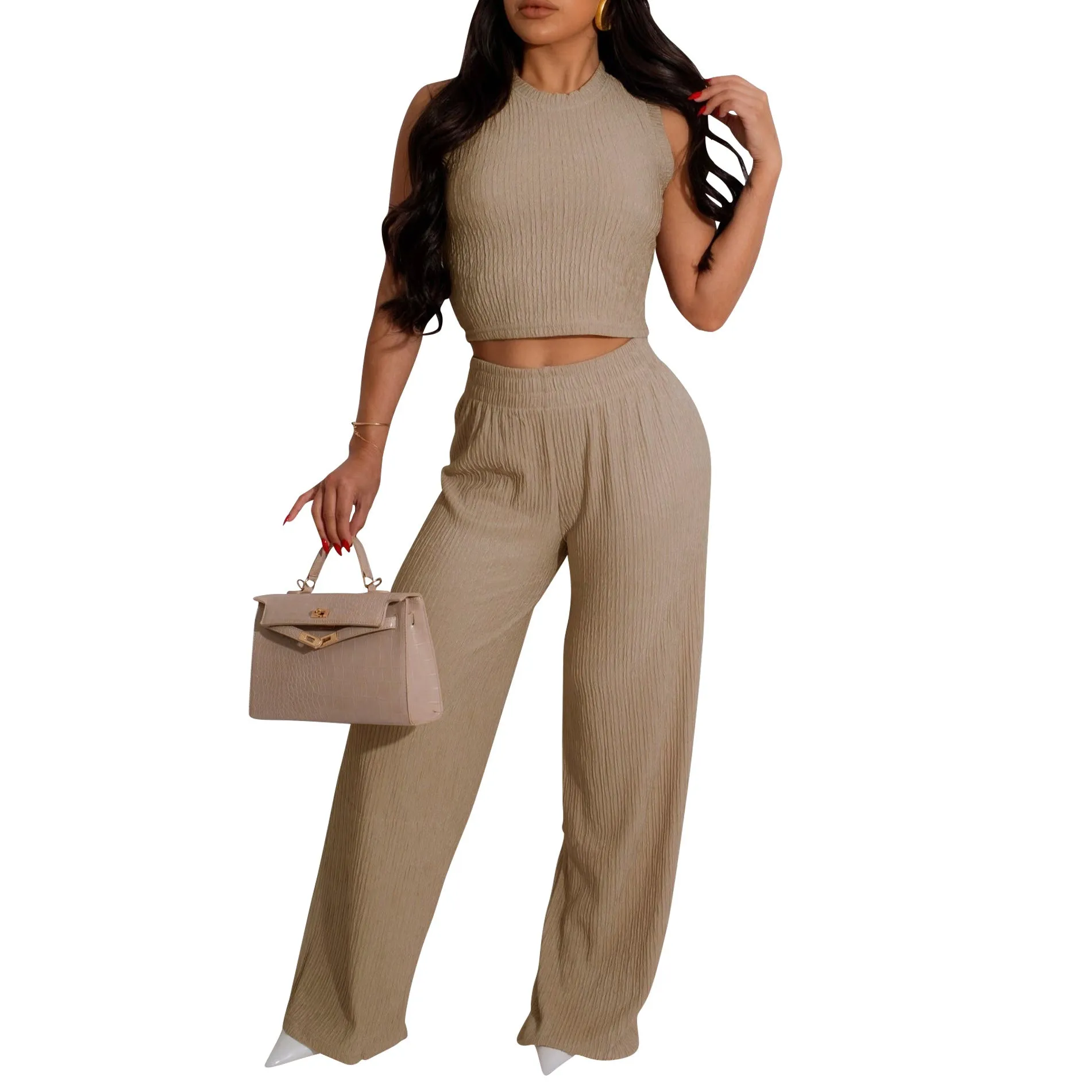 Chic Sleeveless Cropped Vest and Pleated Wide-Leg Pants Set