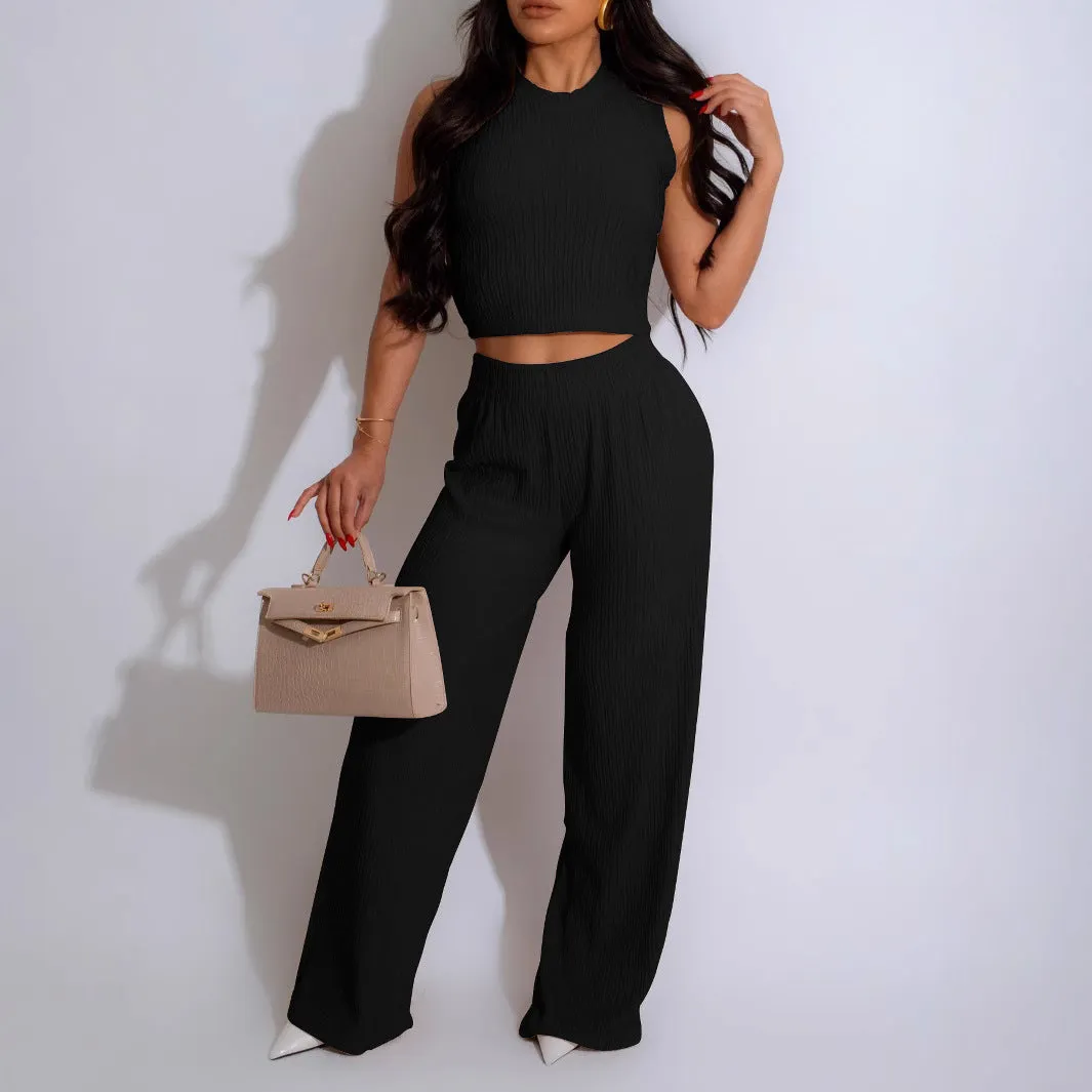 Chic Sleeveless Cropped Vest and Pleated Wide-Leg Pants Set