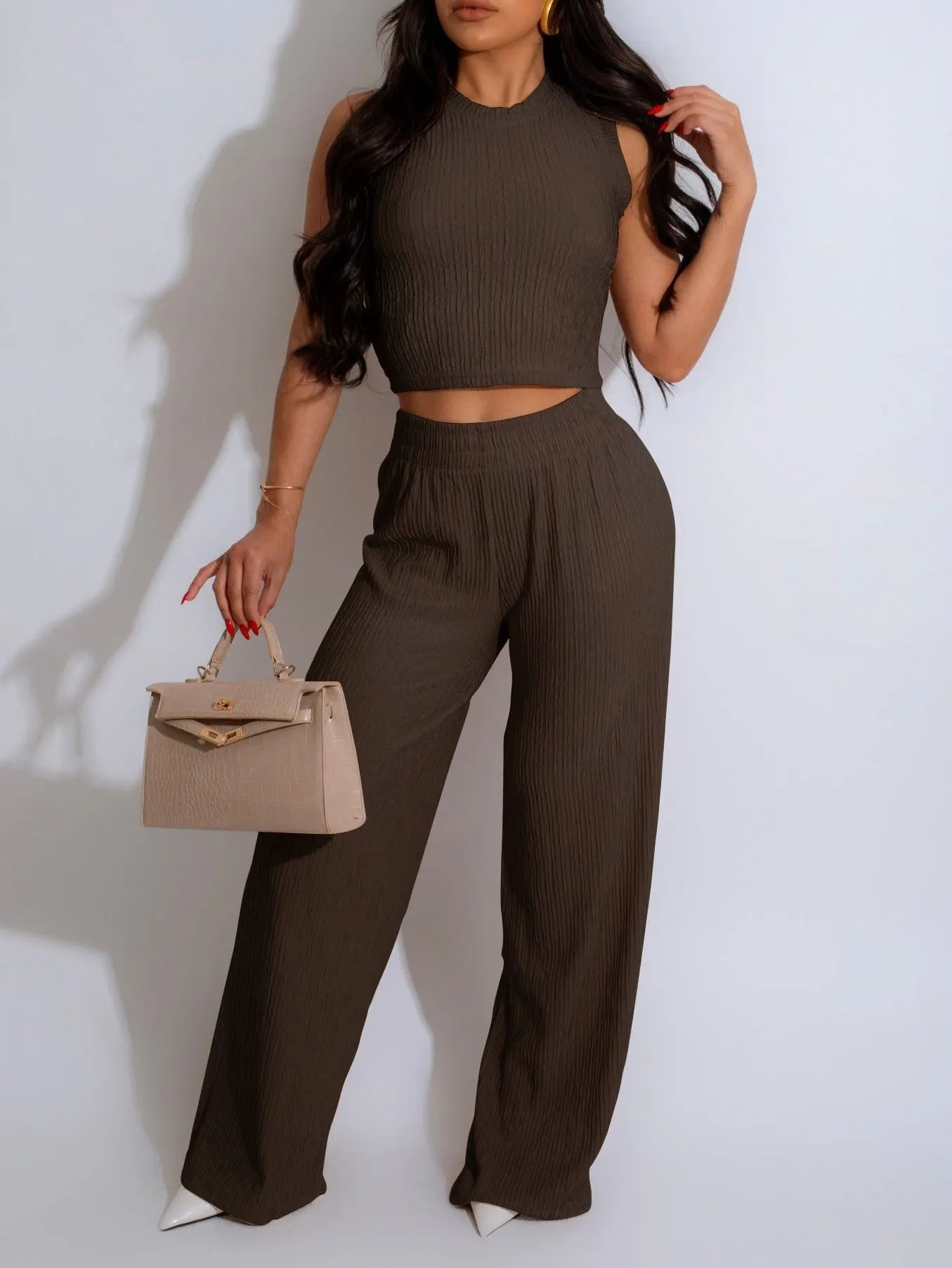 Chic Sleeveless Cropped Vest and Pleated Wide-Leg Pants Set