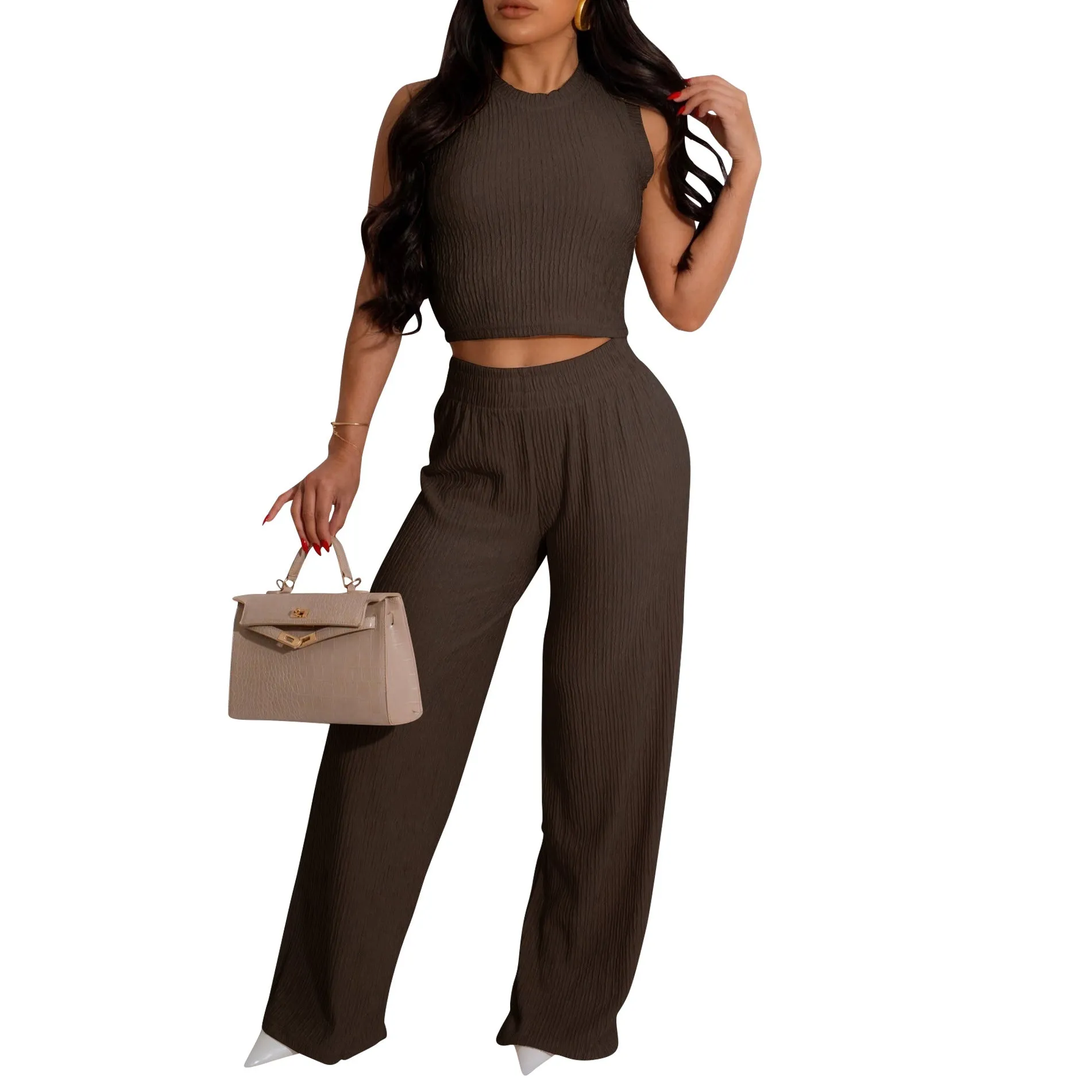 Chic Sleeveless Cropped Vest and Pleated Wide-Leg Pants Set