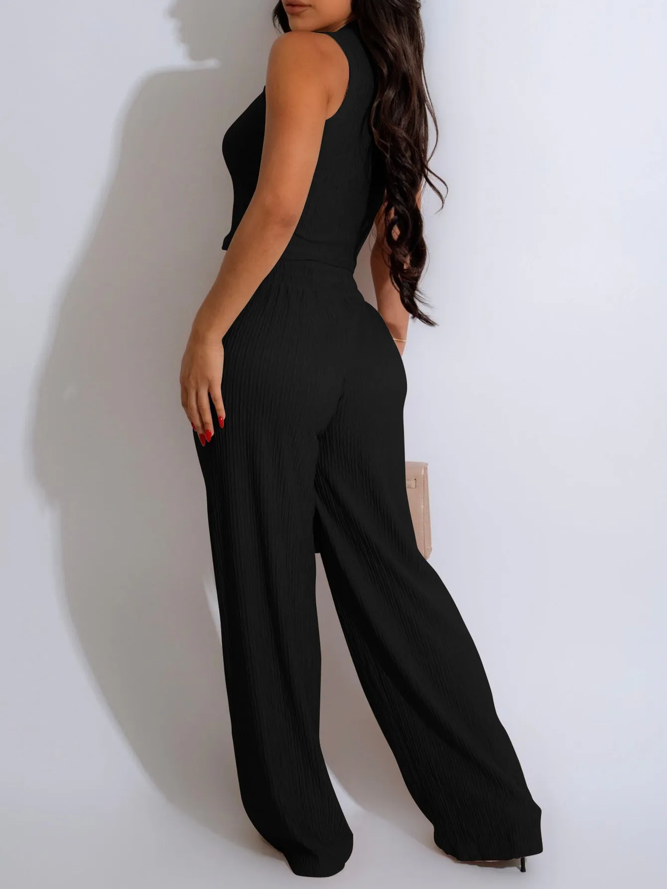 Chic Sleeveless Cropped Vest and Pleated Wide-Leg Pants Set