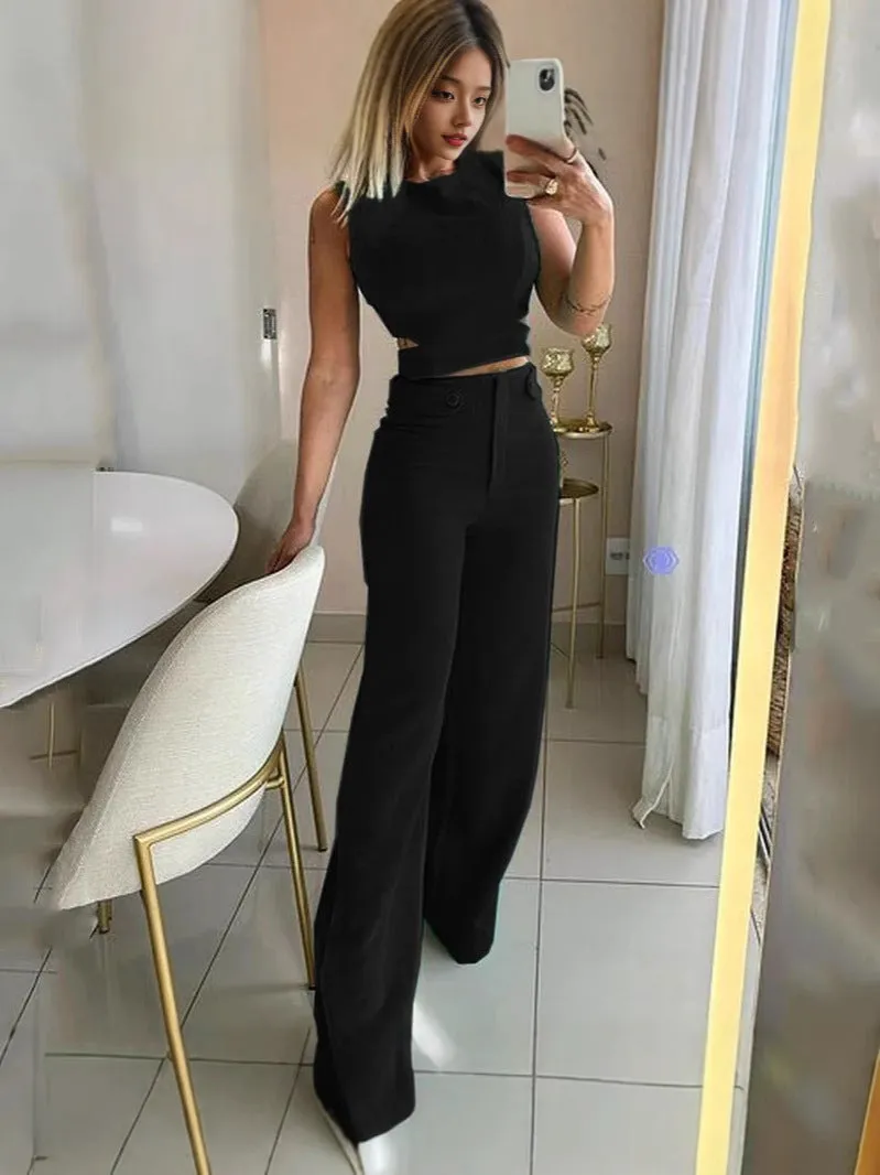 Chic Sleeveless Cut-Out Crop Top and High-Waist Wide-Leg Pants Set
