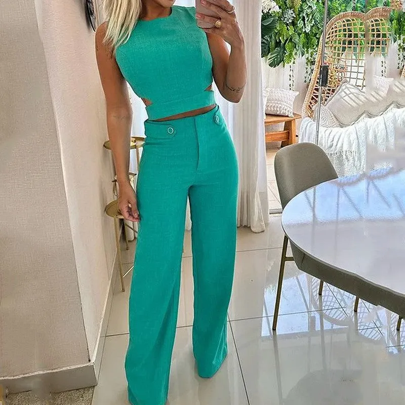 Chic Sleeveless Cut-Out Crop Top and High-Waist Wide-Leg Pants Set